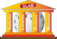 A logo for GLAM institutins that shows the four types of instituton as pillars, with a Wikimedia logo looming in the back.